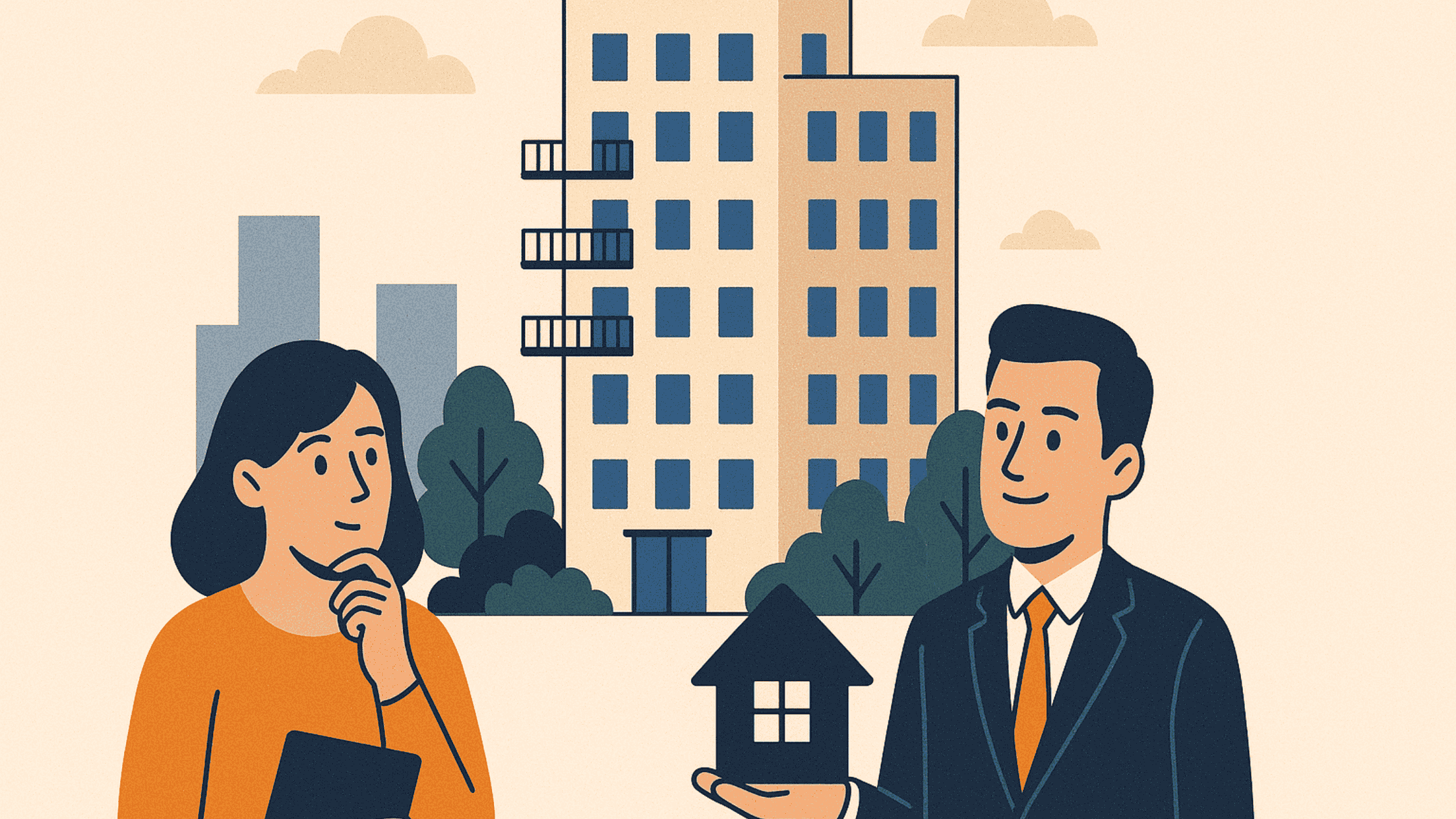 Ilustração de homem e mulher observando prédio moderno em ambiente urbano, representando o novo perfil do consumidor de imóveis em 2025.